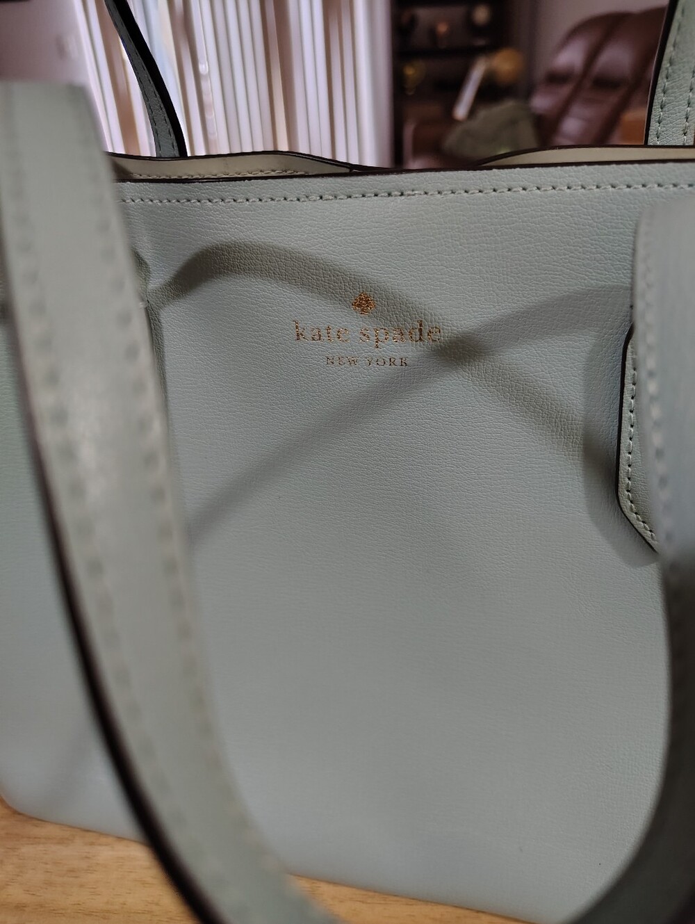 kate spade pale mint leather tote with gold logo